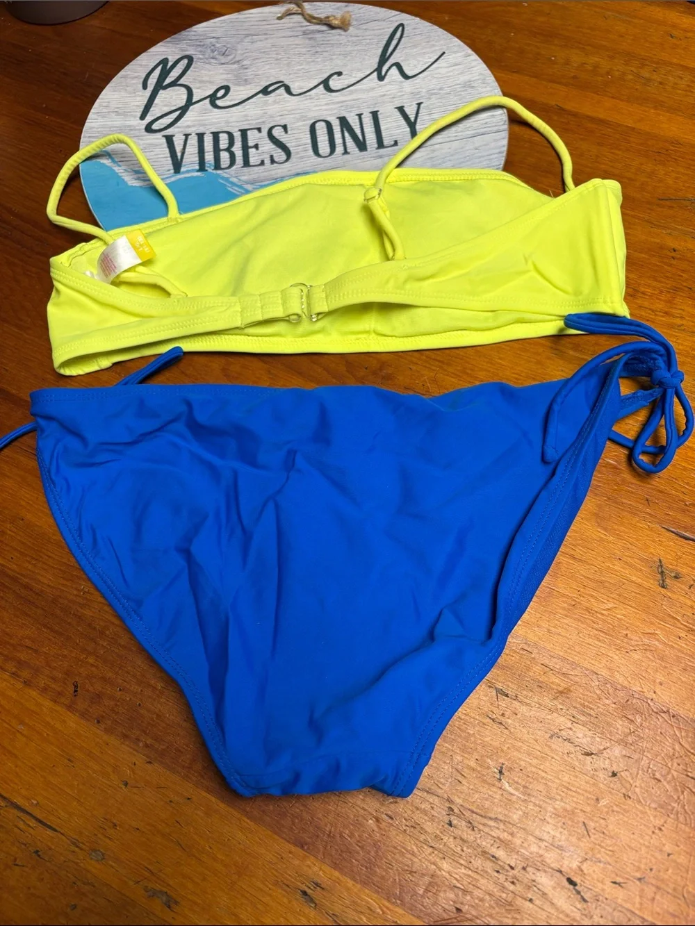 No Boundaries Yellow Bandeau Bikini Top with Blue Tie-Side Bottoms